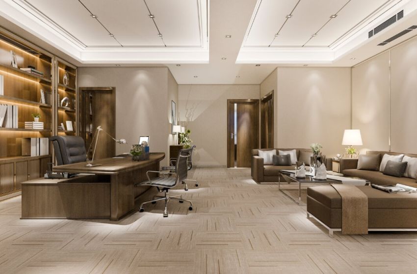 Large luxury office, brown decor, Ballard Luxury Homes