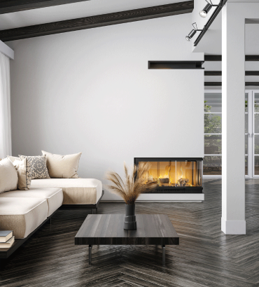 Inside living space with fireplace, white and beige interior