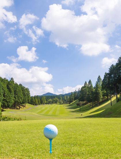 Vancouver Island golf course, tee and blue skies in the background with forest