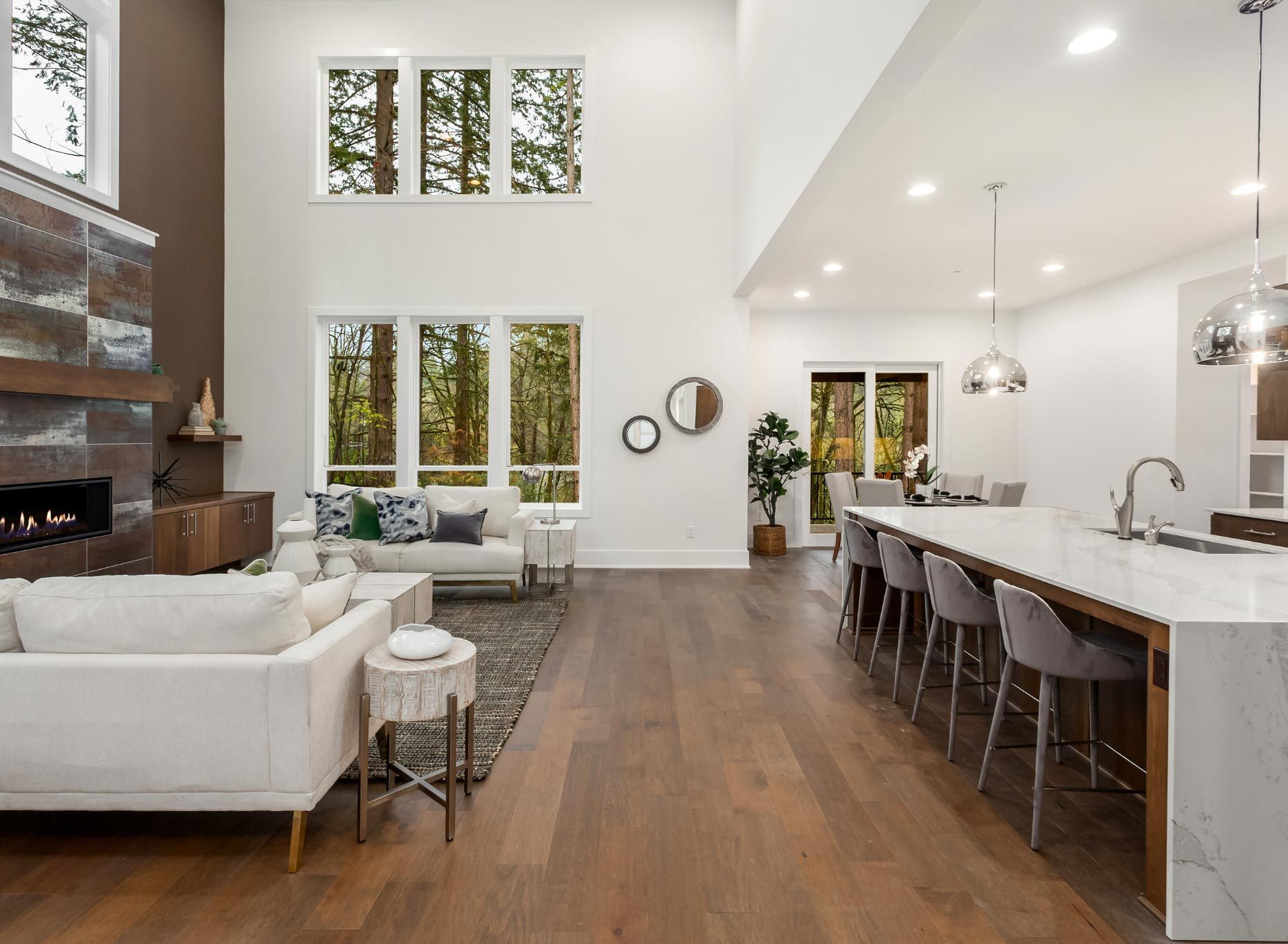 Luxury living space and kitchen, hardwood flooring, Ballard Luxury Homes