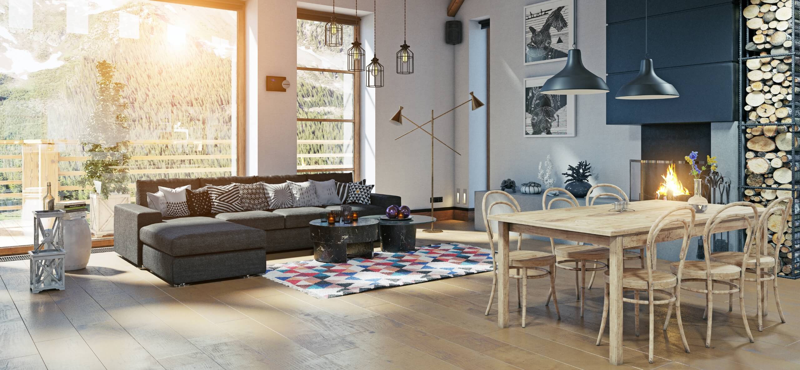 Luxury living space with living room and dining room, fireplace and forest out the window