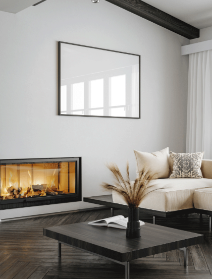 Luxury living space with fireplace, gold accents, Ballard Luxury Homes