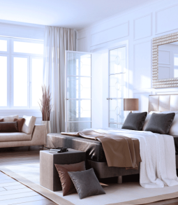 Luxury bedroom, gold decor, sun peaking out of the window, Ballard Luxury Homes